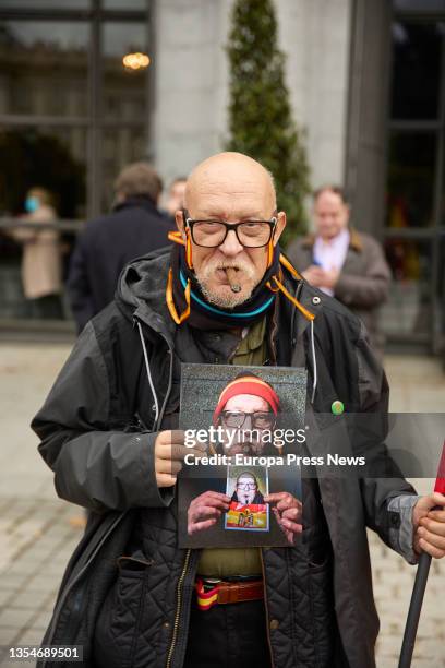 One of those attending a Francoist rally, in the Plaza de Oriente, on 21 November, 2021 in Madrid, Spain. The Spanish Catholic Movement collective...
