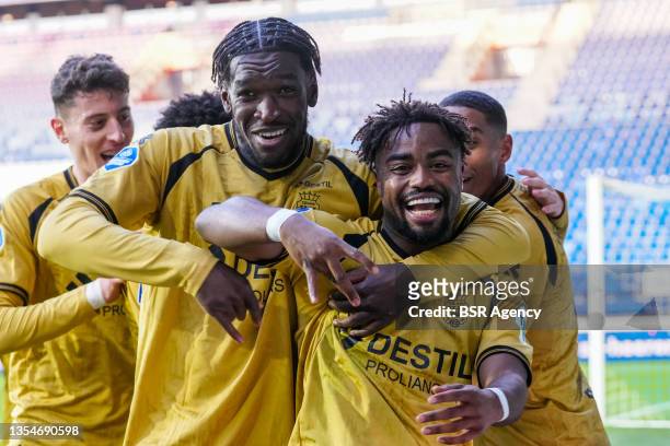 Kwasi Wriedt of Willem II and Che Nunnely of Willem II celebrate their sides first goal during the Dutch Eredivisie match between SC Heerenveen and...