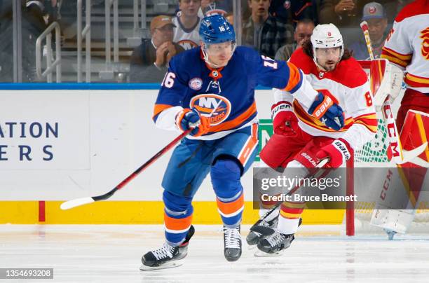 Richard Panik of the New York Islanders skates against the Calgary Flames at the UBS Arena on November 20, 2021 in Elmont, New York. The game was the...
