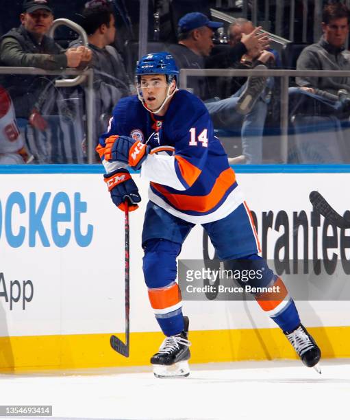 Andy Andreoff of the New York Islanders skates against the Calgary Flames at the UBS Arena on November 20, 2021 in Elmont, New York. The game was the...