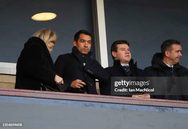 Giovanni van Bronckhorst, Head Coach of Rangers looks on from the stands prior to the Premier Sports Cup semi-final match between Hibernian and...