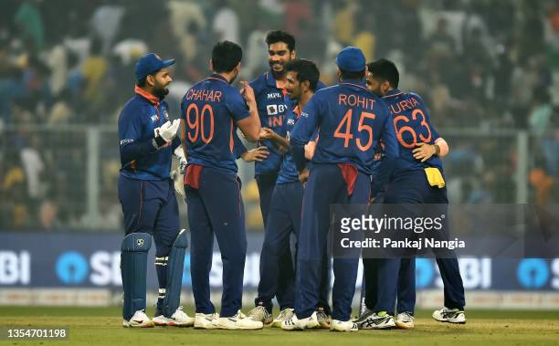 Players of India celebrate the run out of Mitchell Santner of New Zealand during the Third T20 International match between India and New Zealand at...
