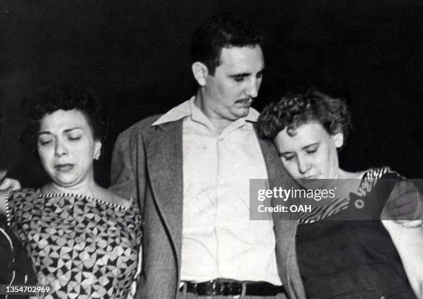 Cuban Fidel Castro and his close and faithful collaborators Hayde Santamaria and Melba Hernandez, leave the Presidio Modelo prison in Havana on May...