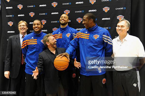 New York Knicks Senior Vice President and Interim General Manager Glen Grunwald, Carmelo Anthony, Tyson Chandler, Amar'e Stoudemire, Head Coach Mike...