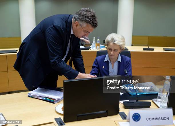 Croatian Prime Minister Andrej Plenkovic is talking with the President of the European Commission Ursula von der Leyen prior the start of the second...