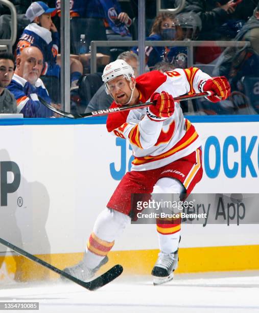 Trevor Lewis of the Calgary Flames skates against the New York Islanders at the UBS Arena on November 20, 2021 in Elmont, New York. The game was the...