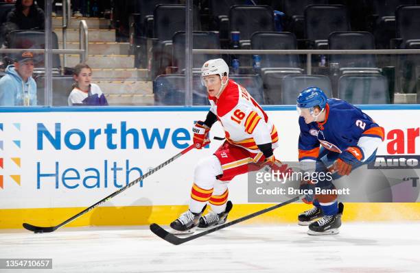 Nikita Zadorov of the Calgary Flames skates against the New York Islanders at the UBS Arena on November 20, 2021 in Elmont, New York. The game was...