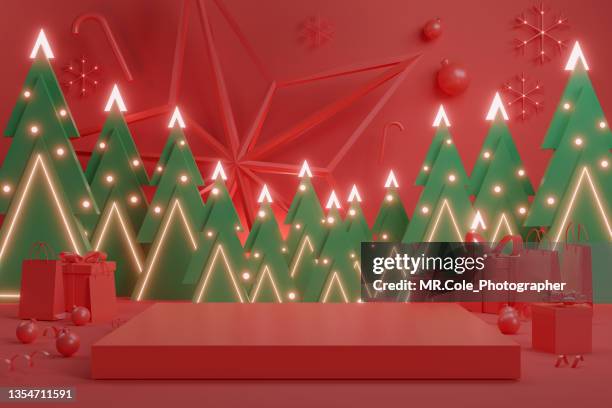 3d rendering  christmas background,  red stage podium on with christmas decorations with copy space, platforms for product presentation - christmas elements stock-fotos und bilder