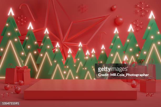 3d rendering  christmas background,  red stage podium on with christmas decorations with copy space, platforms for product presentation - christmas card template stock pictures, royalty-free photos & images