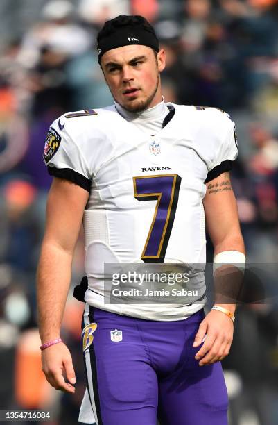 Trace McSorley of the Baltimore Ravens on the field during warm up before the game against the Chicago Bears at Soldier Field on November 21, 2021 in...