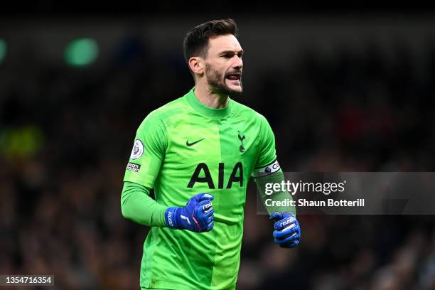 Hugo Lloris of Tottenham Hotspur celebrates their side's first goal scored by Pierre-Emile Hojbjerg of Tottenham Hotspur during the Premier League...