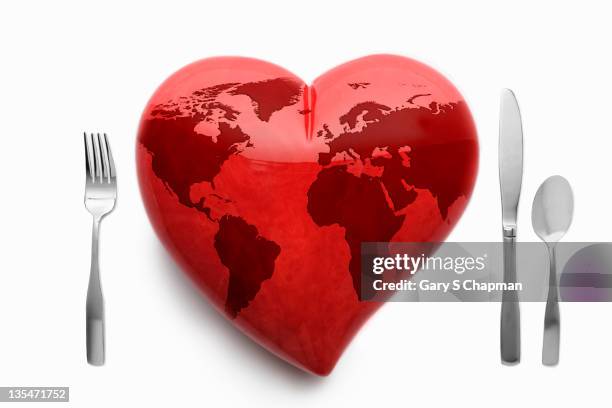 red heart and silverware place setting - knife in heart stock pictures, royalty-free photos & images