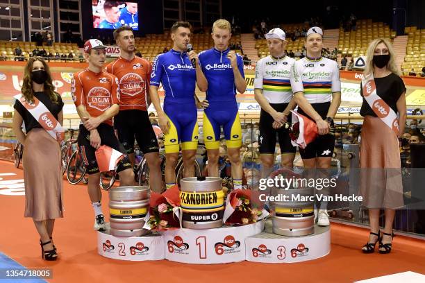 Roger Kluge of Germany and Jasper De Buyst of Belgium and Team Lotto on second place, winners Kenny De Ketele of Belgium and Robbe Ghys of Belgium of...