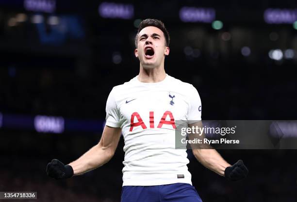 Sergio Reguilon of Tottenham Hotspur celebrates after scoring their side's second goal during the Premier League match between Tottenham Hotspur and...