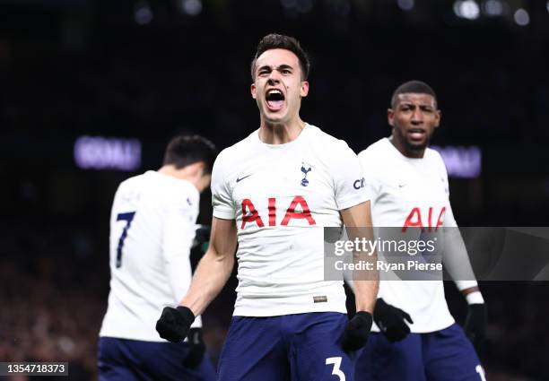 Sergio Reguilon of Tottenham Hotspur celebrates after scoring their side's second goal during the Premier League match between Tottenham Hotspur and...