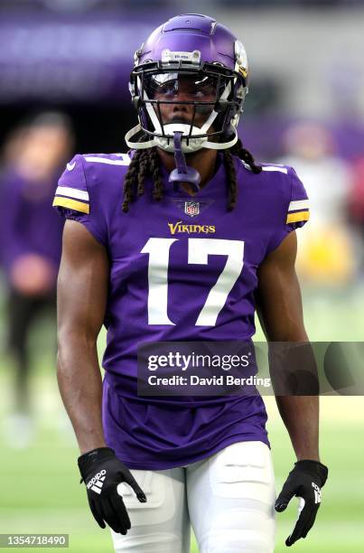 Osborn of the Minnesota Vikings looks on during pregame warm-ups prior to the game against the Green Bay Packers at U.S. Bank Stadium on November 21,...