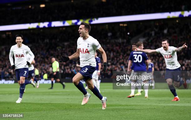 Sergio Reguilon of Tottenham Hotspur celebrates after scoring their side's second goal during the Premier League match between Tottenham Hotspur and...