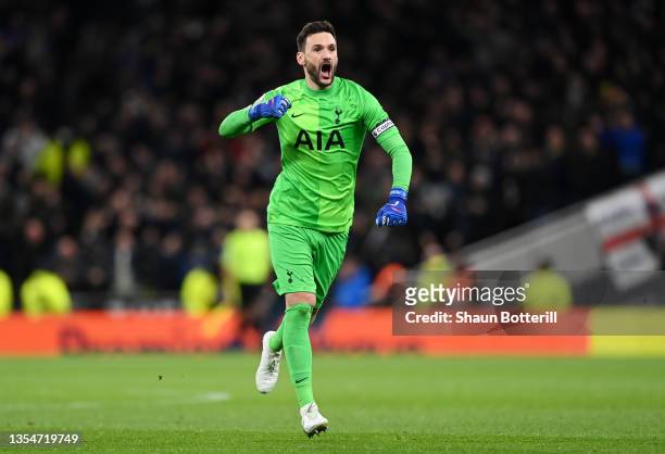 Hugo Lloris of Tottenham Hotspur celebrates their side's second goal scored by Sergio Reguilon of Tottenham Hotspur during the Premier League match...