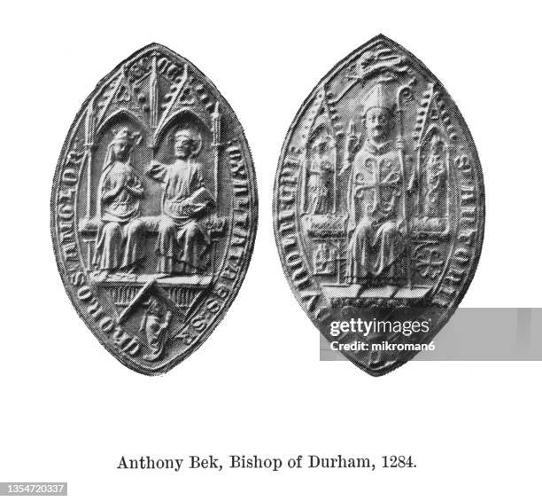 old engraved illustration of seal of anthony bek, bishop of durham, 1284 - bishop stock pictures, royalty-free photos & images