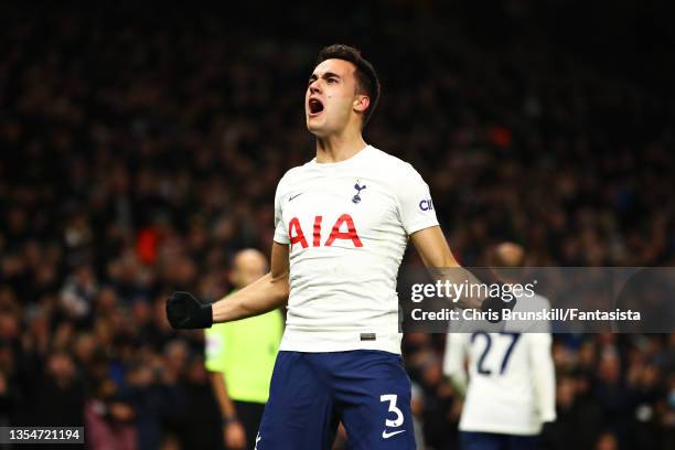 Sergio Reguilon of Tottenham Hotspur celebrates after scoring his sides second goal during the Premier League match between Tottenham Hotspur and...