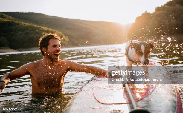 couple with a paddle board and dog - dog adventure stock pictures, royalty-free photos & images