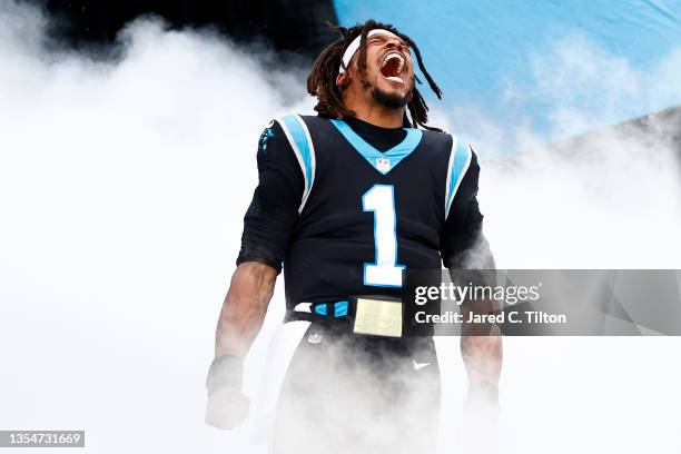 Cam Newton of the Carolina Panthers takes the field during player introductions prior to the game against the Washington Football Team at Bank of...