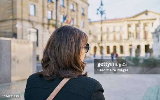 back view of a caucasian female with shoulder length brown hair observing a landmark - back of heads stock pictures, royalty-free photos & images