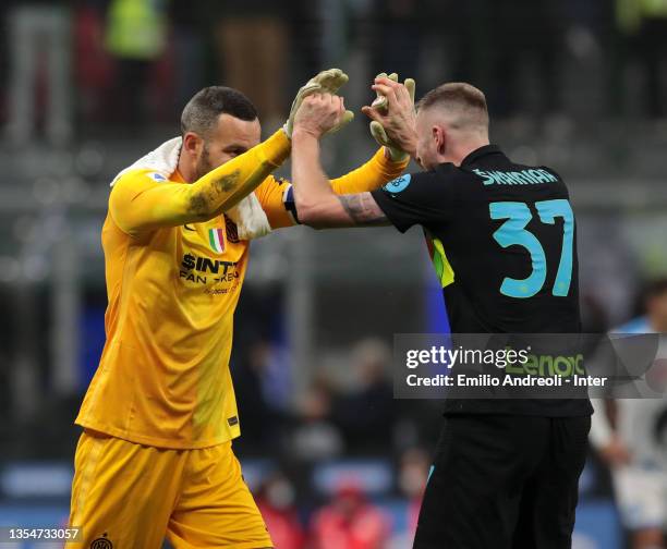 Samir Handanovic of FC Internazionale celebrates the victory with Milan Skriniar at the end of the Serie A match between FC Internazionale and SSC...