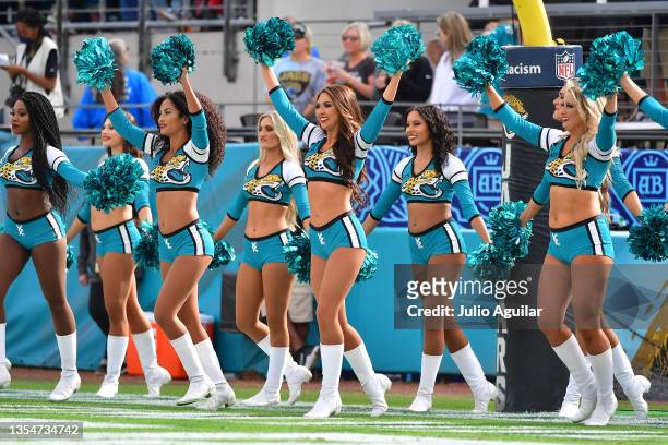 The Jacksonville Jaguars cheerleaders perform during the first half against the San Francisco 49ers at TIAA Bank Field on November 21, 2021 in...