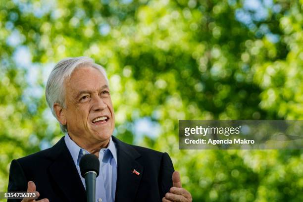President of Chile Sebastián Piñera, speaks at a press conference at the end of his vote during the Presidential Elections in Chile on November 21,...