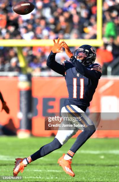 Darnell Mooney of the Chicago Bears catches a pass in the game against the Baltimore Ravens during the third quarter at Soldier Field on November 21,...