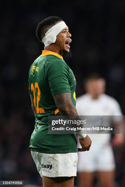 Elton Jantjies of South Africa reacts during the Autumn Nations Series match between England and South Africa at Twickenham Stadium on November 20,...