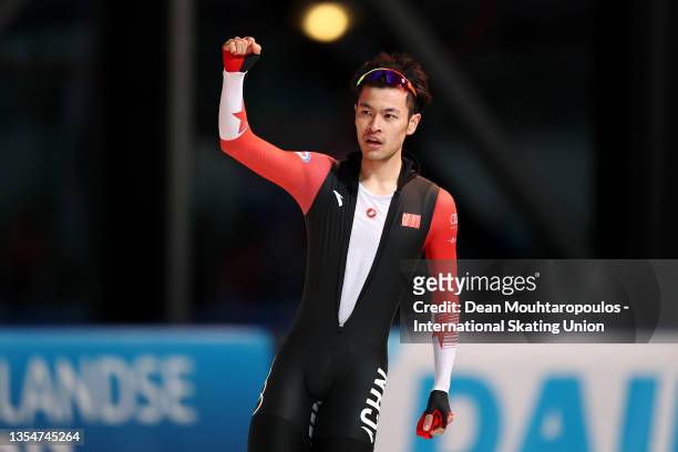 Zhongyan Ning of China celebrates after he competes in the 1500m Men Division A during Day 3 of the ISU World Cup Speed Skating at Sormarka Arena on...