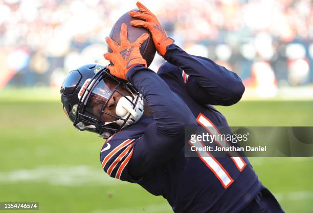 Darnell Mooney of the Chicago Bears attempts to catch a pass in the game against the Baltimore Ravens during the third quarter at Soldier Field on...