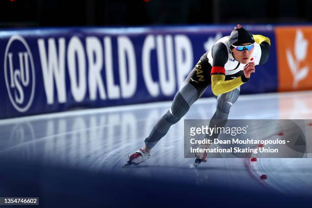 Taiyo Nonomura of Japan competes in the 1500m Men Division A during Day 3 of the ISU World Cup Speed Skating at Sormarka Arena on November 21, 2021...