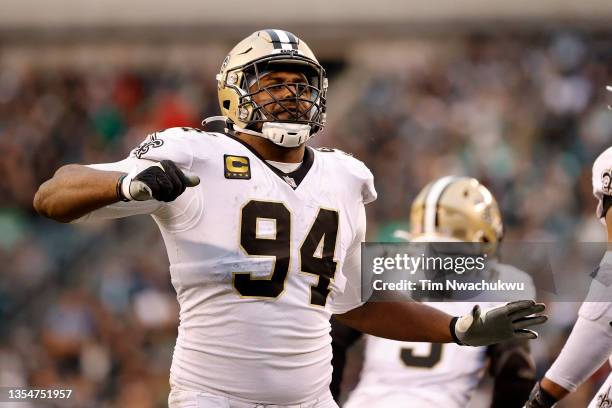 Cameron Jordan of the New Orleans Saints celebrates after a play during the fourth quarter against the Philadelphia Eagles at Lincoln Financial Field...