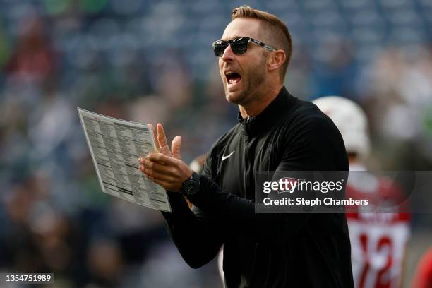 Head coach Kliff Kingsbury of the Arizona Cardinals on the field before the game against the Seattle Seahawks at Lumen Field on November 21, 2021 in...