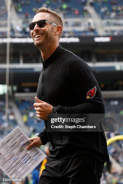 Head coach Kliff Kingsbury of the Arizona Cardinals on the field before the game against the Seattle Seahawks at Lumen Field on November 21, 2021 in...