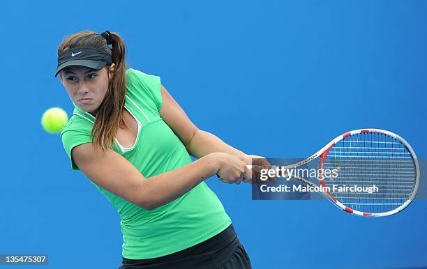 Sara Tomic of Queensland in her match against Astra Sharma of Western Australia at Melbourne Park on December 11, 2011 in Melbourne, Australia.