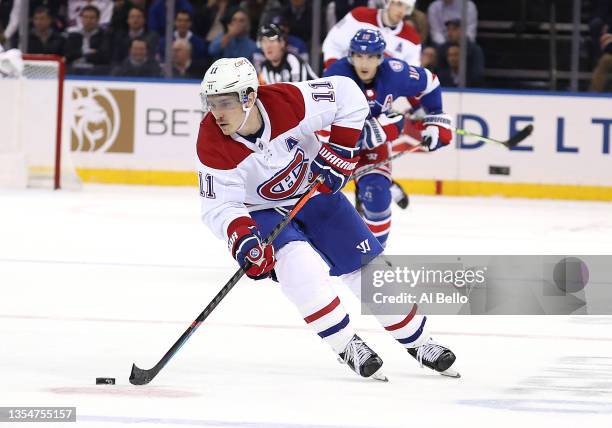 Brendan Gallagher of the Montreal Canadiens in action against the New York Rangers during their game at Madison Square Garden on November 16, 2021 in...