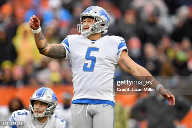 Aldrick Rosas of the Detroit Lions kicks a field goal in the fourth quarter against the Cleveland Browns at FirstEnergy Stadium on November 21, 2021...