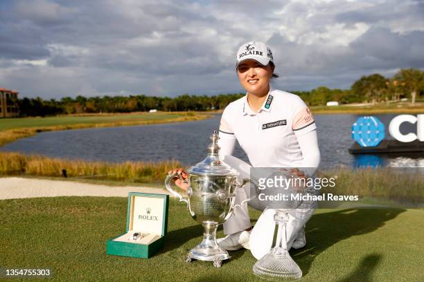Jin Young Ko of Korea poses with the Rolex Player of the Year trophy after winning the CME Group Tour Championship at Tiburon Golf Club on November...