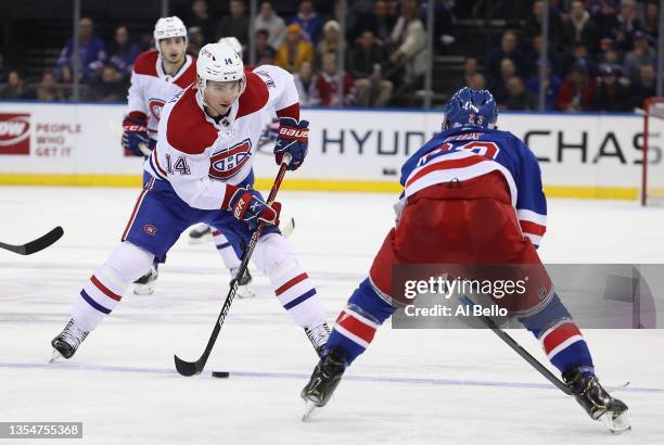 Nick Suzuki of the Montreal Canadiens in action against the New York Rangers during their game at Madison Square Garden on November 16, 2021 in New...