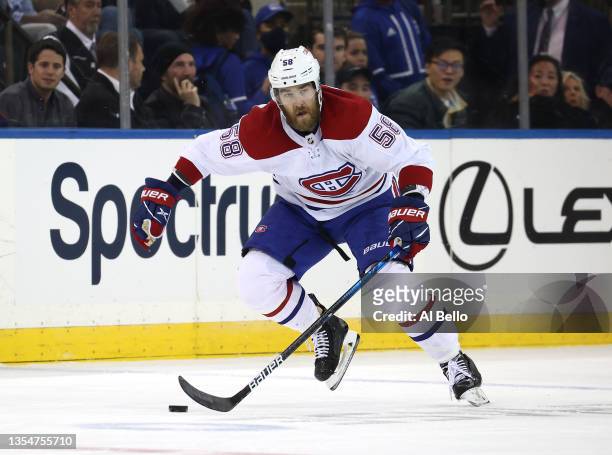 David Savard of the Montreal Canadiens in action against the New York Rangers during their game at Madison Square Garden on November 16, 2021 in New...