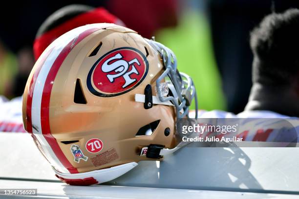 San Francisco 49ers helmet on the bench during the game against the Jacksonville Jaguars at TIAA Bank Field on November 21, 2021 in Jacksonville,...