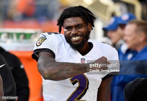 Tyler Huntley of the Baltimore Ravens reacts to play on the sidelines in the game against the Chicago Bears during the fourth quarter at Soldier...