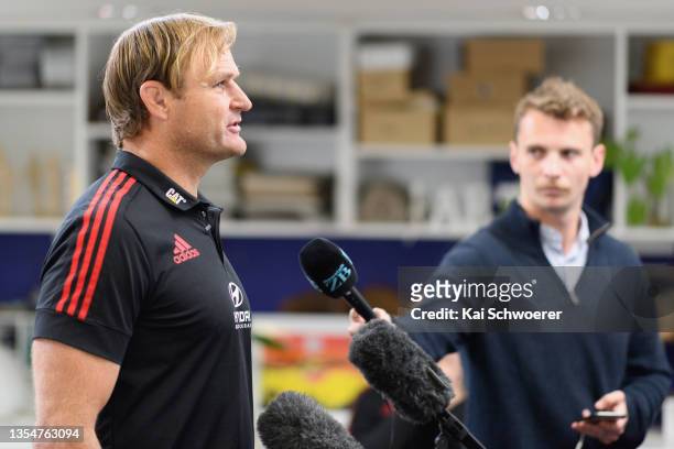 Head Coach Scott Robertson speaks to the media during the Crusaders 2022 Super Rugby Pacific Squad Announcement at Bromley School on November 22,...