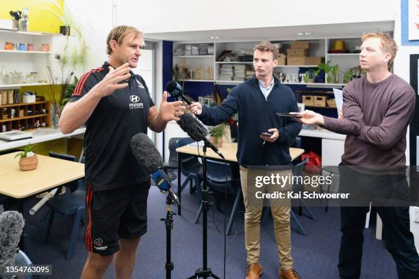 Head Coach Scott Robertson speaks to the media during the Crusaders 2022 Super Rugby Pacific Squad Announcement at Bromley School on November 22,...