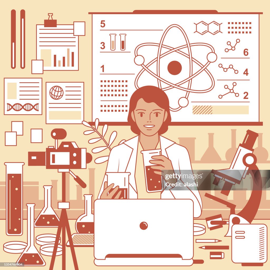 Young female teacher (Scientist, Biochemist) is remotely teaching science (online class and scientific experiment) using laptop and camera and whiteboard at laboratory (classroom), e-learning and telecommuting concept