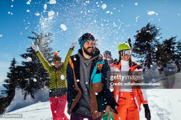 they are the perfect ski team - mountain snow skiing stockfoto's en -beelden
